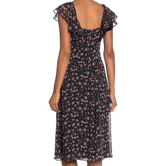 Sam Edelman Black Floral V-Neck Ruffled Midi Dress Size 4 - Picture 5 of 16